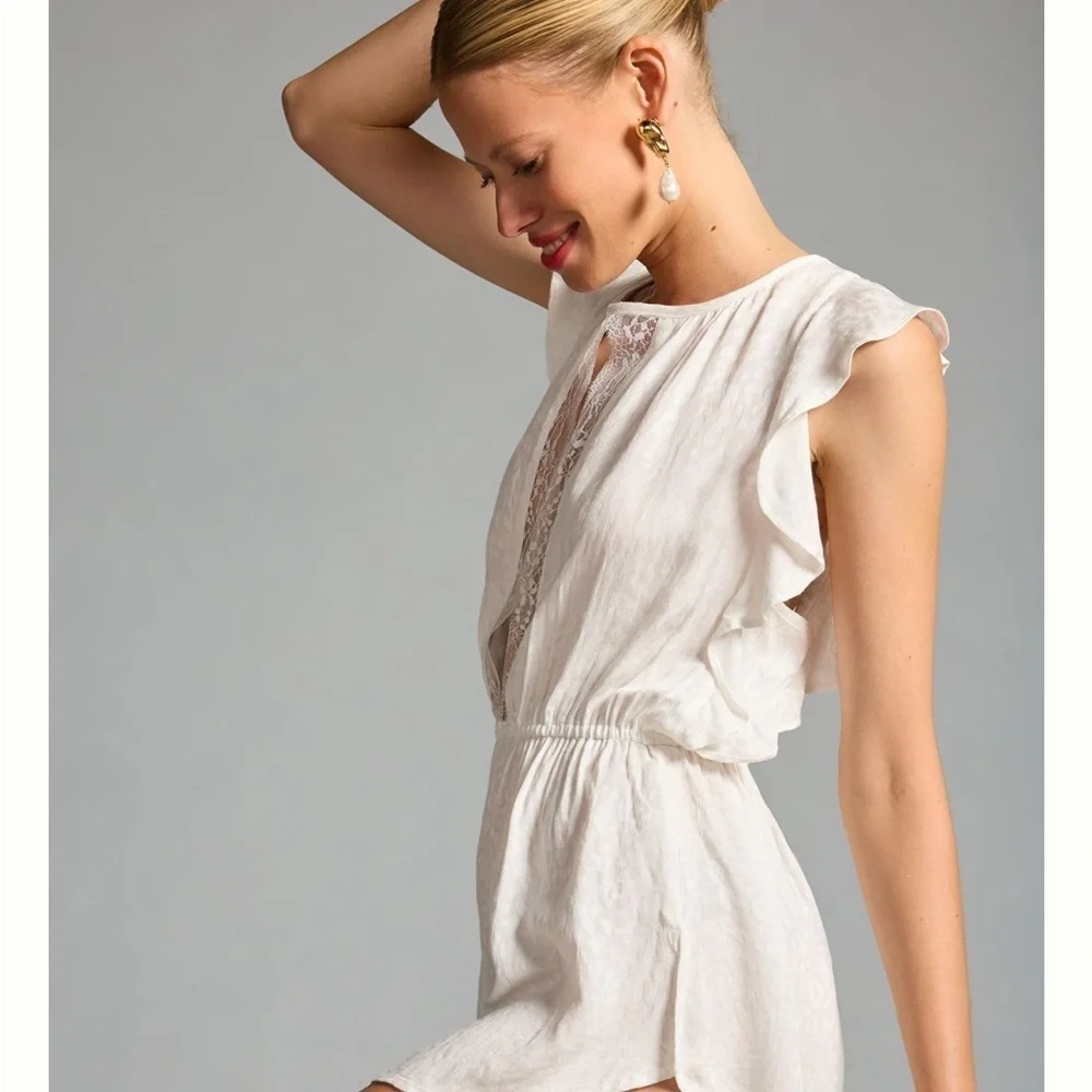 Anthropologie White Ruffle-Sleeve Pajama Romper - Picture 12 of 13